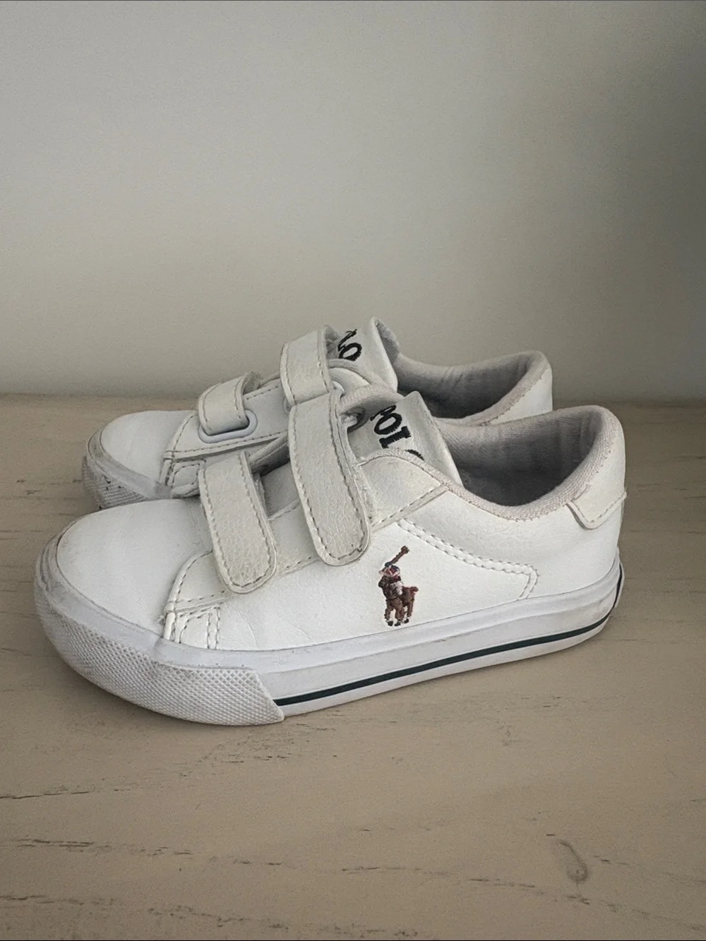 Ralph Lauren White Leather Kids Polo Velcro Sneakers